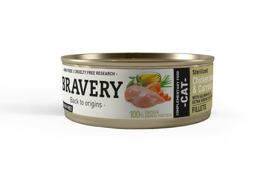 BRAVERY CAT STERILIZED  CHICKEN FILLETS & CARROTS 12X70GR (15% DESCUENTO) Hasta agotar existencias.