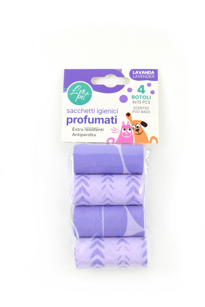 LEO PET BOLSAS HIGIÉNICAS DE COLORES AROMA A LAVANDA 4 ROLLOS