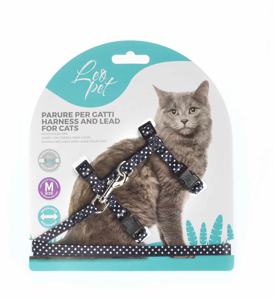 LEO PET ARNÉS MEDIANO PARA GATO ESTAMPADO DE LUNARES COLOR NEGRO