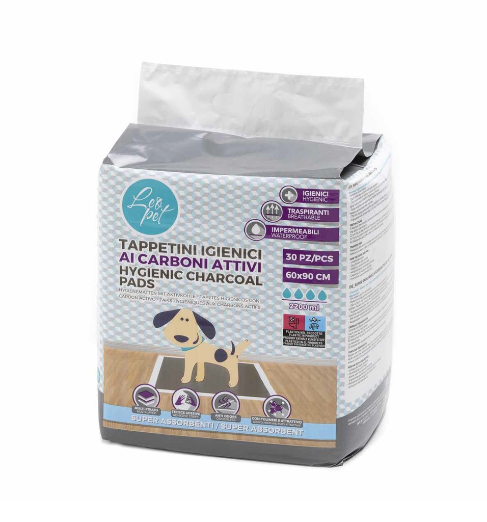 LEO PET EMPAPADORES CON CARBÓN ACTIVO Y TIRA ADHESIVA 60x90 (30 UND.)